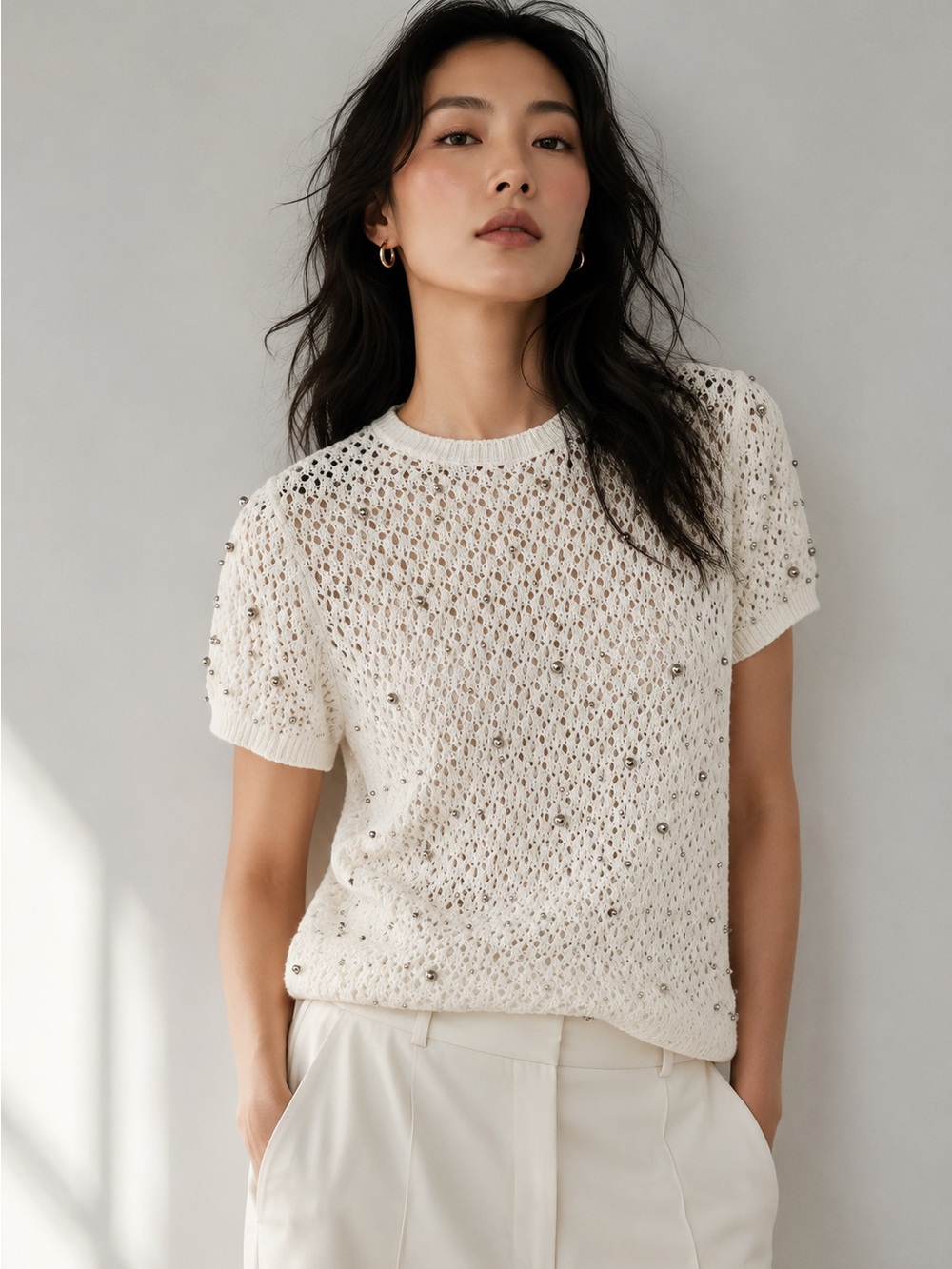 Jason Wu Short Sleeve Sweater Cotton Blend Beaded Open Knit M Designer Top